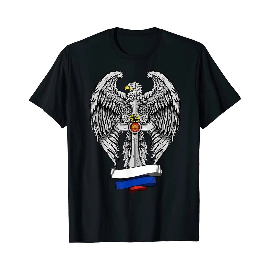 驕傲的斯拉夫俄羅斯出生俄羅斯俄羅斯國旗鷹十字 T 恤男式棉質
