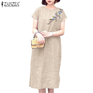 Zanzea 女式韓版刺繡短袖圓領下擺開叉連衣裙