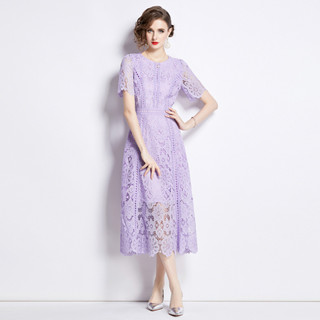 2024夏裝新款短袖高雅淡紫色蕾絲中長洋裝 勾花鏤空紫色A字輕奢風蕾絲洋裝