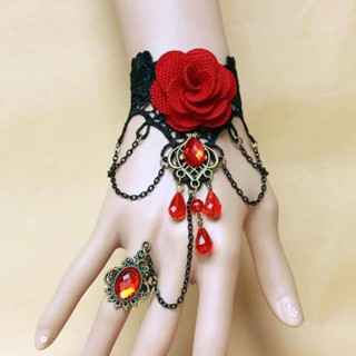 4.3 熱賣紅色玫瑰花蕾絲手鍊戒指一件式鏈舞蹈配飾復古花朵吊墜新娘手飾配飾