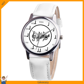 時尚音樂筆記模擬圓形錶盤人造皮革錶帶中性石英腕錶