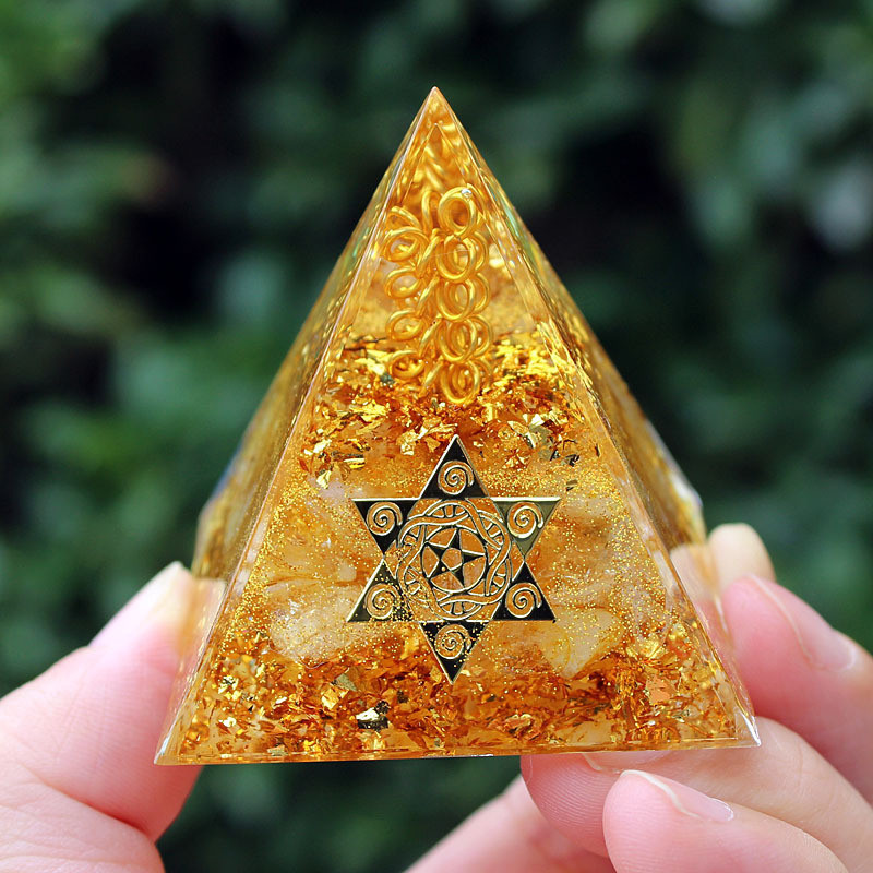 黃水晶碎石金字塔擺件家居樹脂滴膠工藝品辦公室裝飾財富