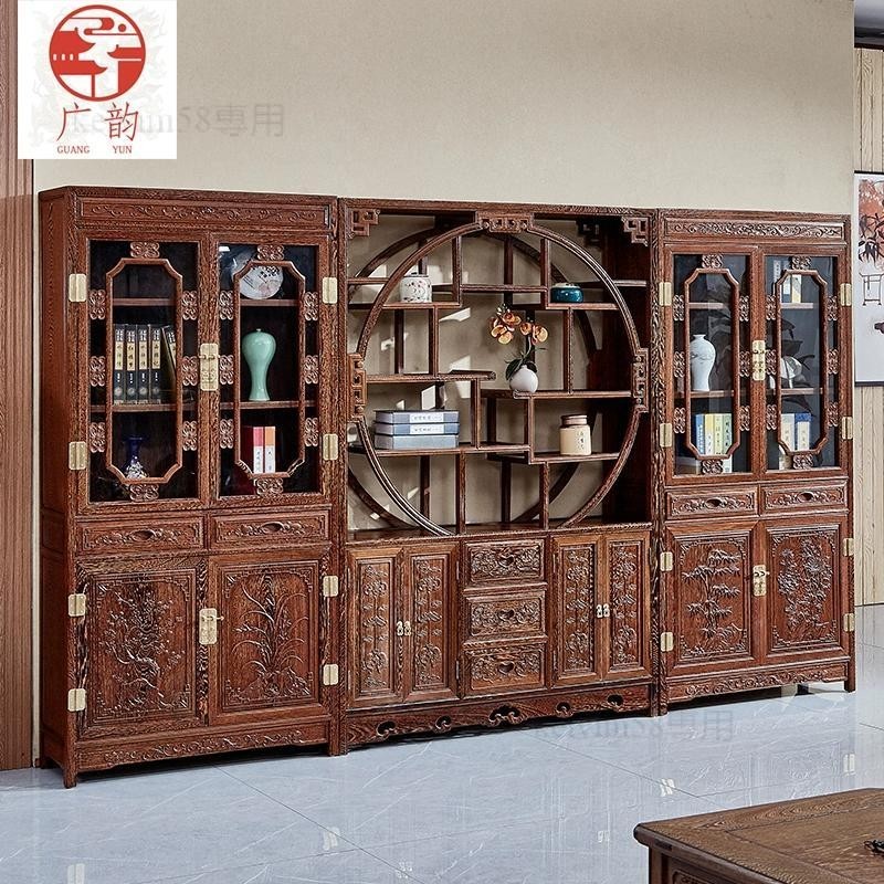 【可開發票】紅木三組合書櫃雞翅木中式書櫥實木帶頂書博架辦公室傢具展示櫃
