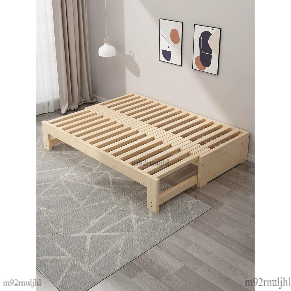 摺疊沙發床兩用簡約客廳小戶型原木風多功能全實木伸縮抽拉推拉床床 床架 摺疊床 實木床 單人床