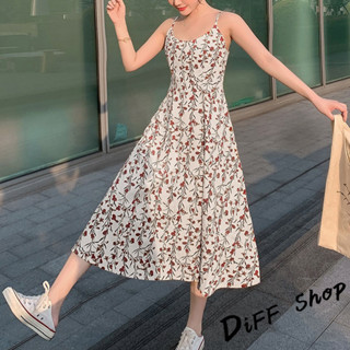 【現貨速發】 【DIFF】韓版夏天小清新碎花收腰吊帶連衣裙 連身裙 上衣 套裝 短袖上衣 短袖t恤 女裝 裙裝 短袖洋裝