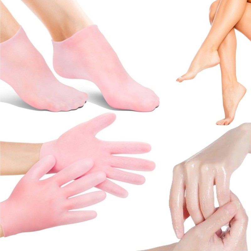2 雙保濕手套和襪子矽膠凝膠手套癒傷組織去除劑矽膠襪子保濕矽膠手套水療襪和手套適用於乾性皮膚龜裂手足