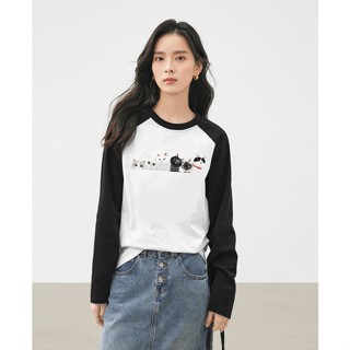 【臺灣出貨】XH 純棉打底衫女 秋季新款黑白撞色插肩袖寬鬆百搭長袖T恤 印花T恤 大碼上衣 UYPU
