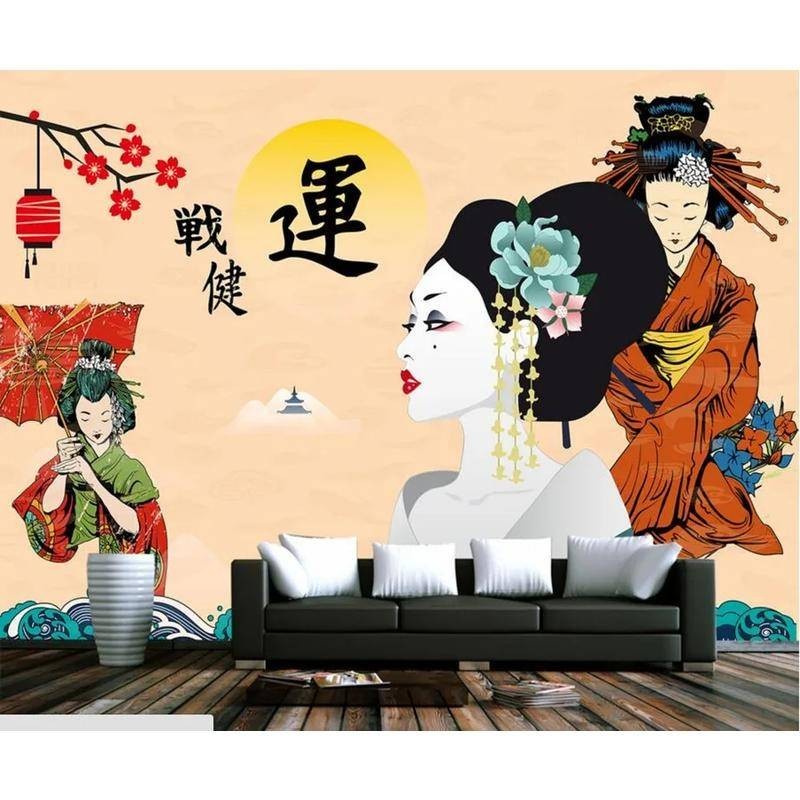 定制壁畫,美麗的日本和服美女壁紙,餐廳客廳電視沙發牆臥室牆壁壁紙 3D 貼紙