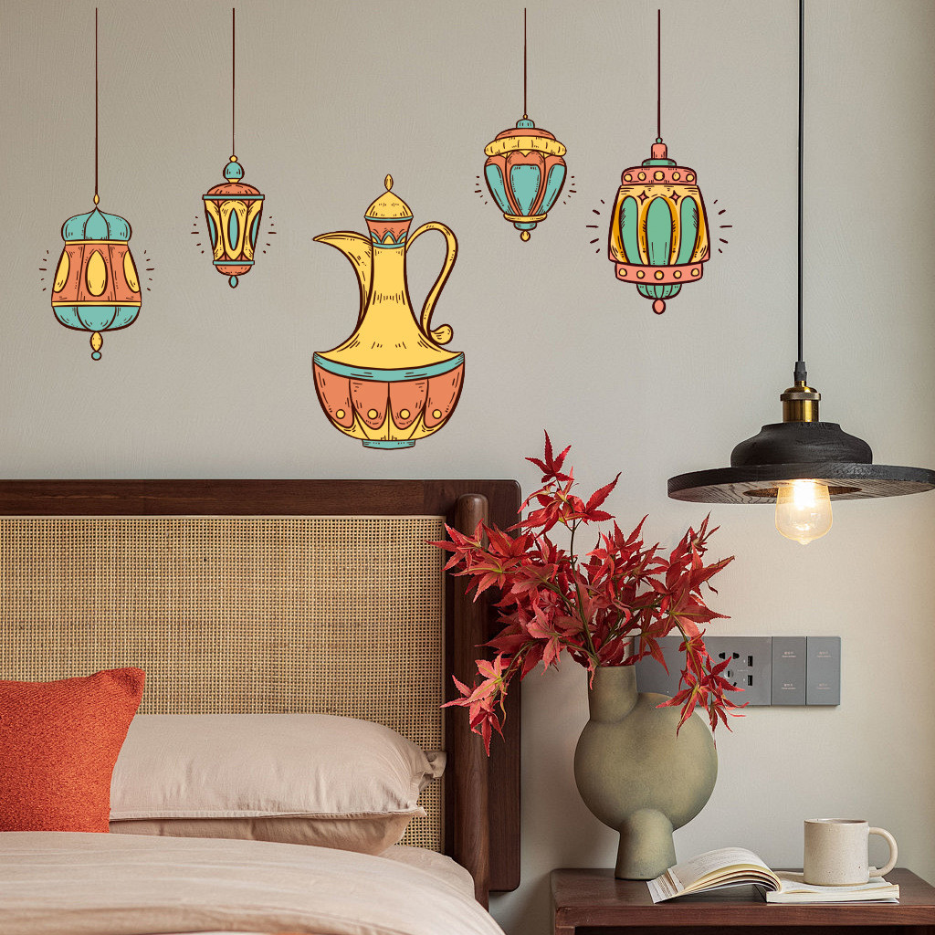 新款中東穆斯林燈籠壺背景牆貼紙 ,客廳臥室貼畫PVC