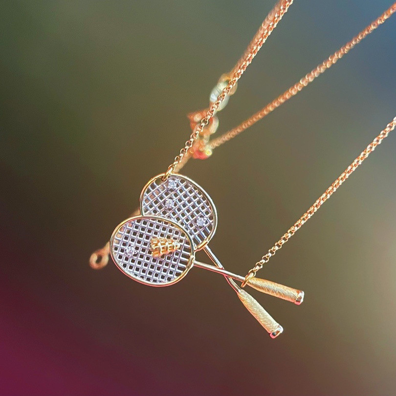 個性獨特創意設計感鎖骨鏈 s925純銀鍍金 羽毛球拍女款項鍊銀飾