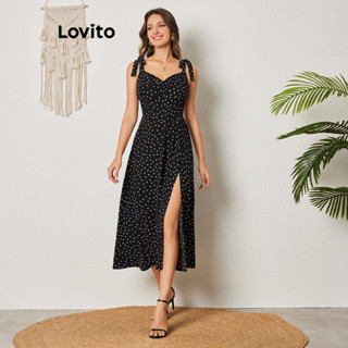 Lovito 女用優雅點點抽繩百褶連身裙 LBL08408