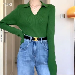 【Yuki】💚綠色polo衫🧶針織衫內搭女修身打底V领毛衣高級感上衣女裝女生S-XL現貨衣服冬天內搭春秋外穿3色可選