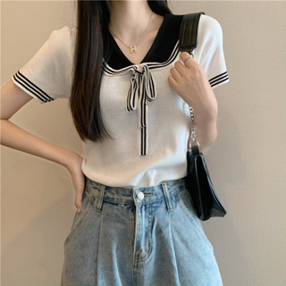 【HOT 本舖】女裝 學院風娃娃領系帶針織短袖t恤女夏季設計感小眾別致寬鬆百搭上衣