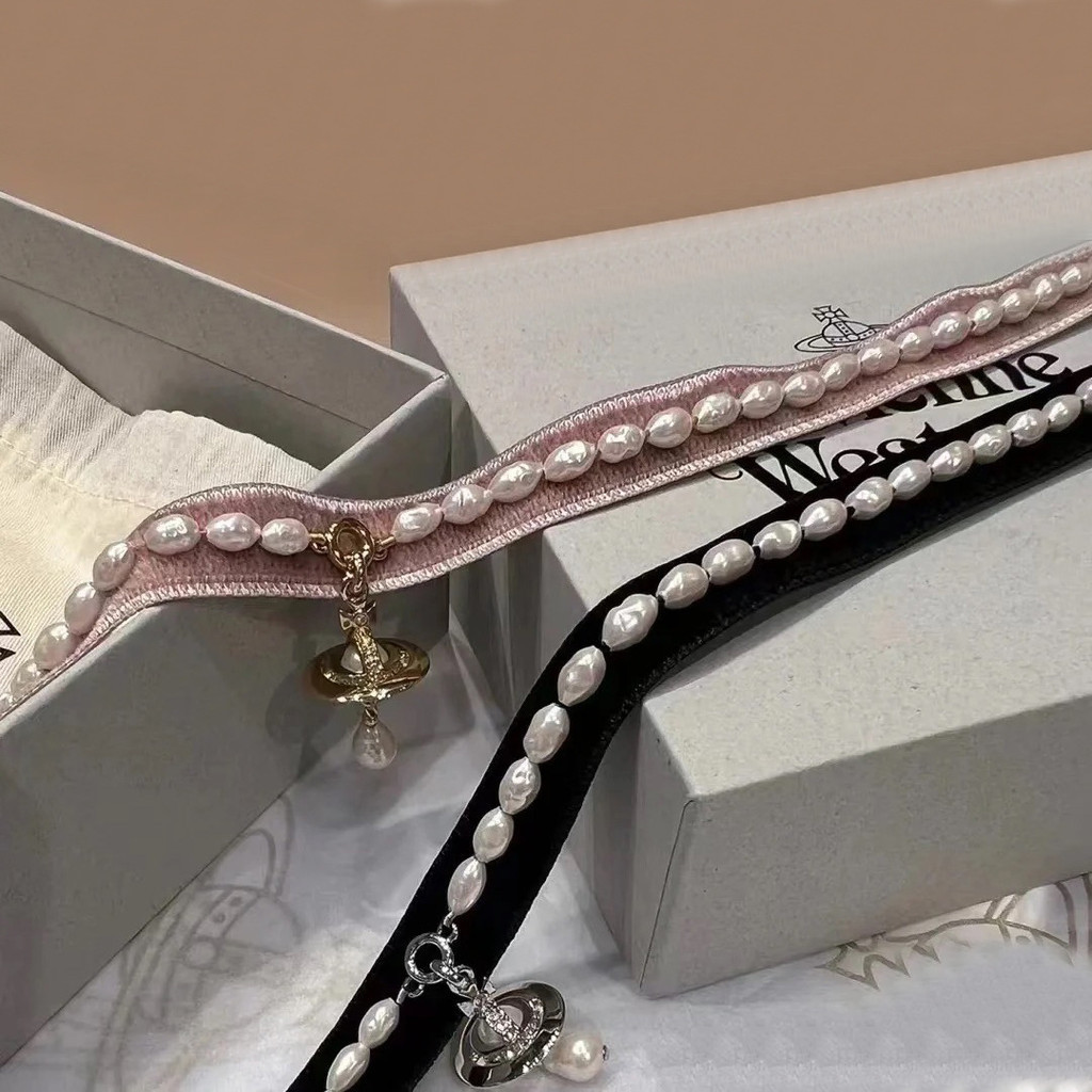 Westwood Vivienne絲絨絲帶巴洛克珍珠項鍊女立體土星水滴鎖骨項鍊