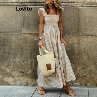 Lovito 女式波西米亞格紋荷葉邊洋裝 LNL37021 (米白色)