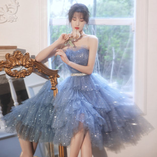 特惠✨藍色裹胸藍色小禮服洋裝畢業成人禮服春酒甜美洋裝表演出主持短晚宴服公主裙晚禮服裙女新款氣質派對生日party宴春酒