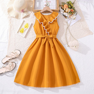 童裝 女童 新款中大童花邊領無袖橙色的洋裝-0312