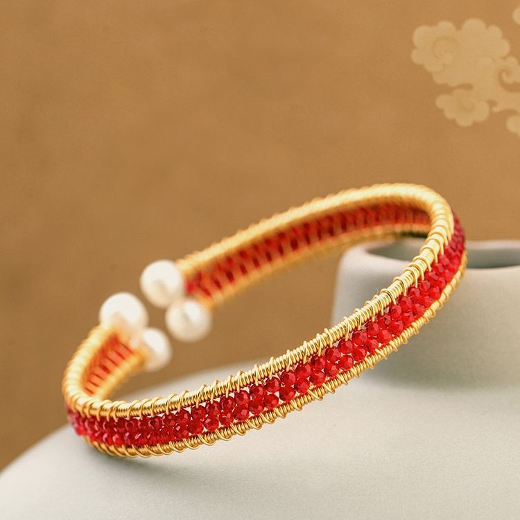 紅尖晶石編織手鐲女款天然水晶 14K包金酒紅圓珠珍珠手鍊開口手環