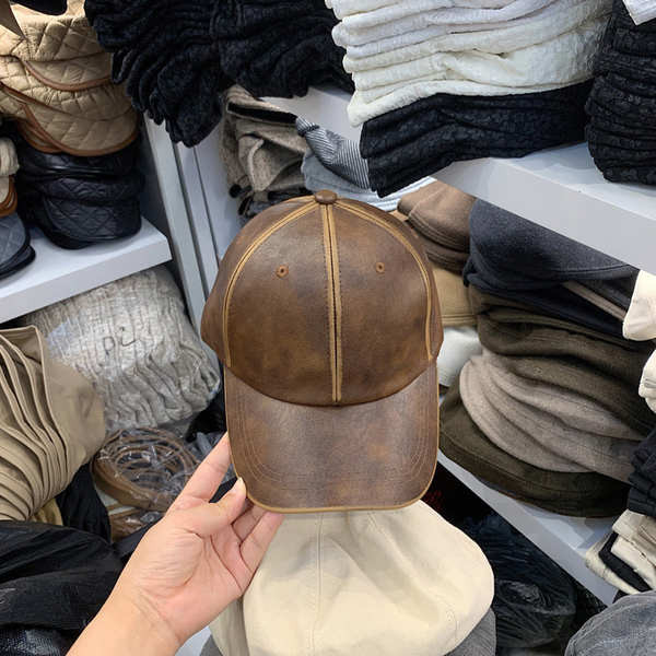韓國代購東大門新款英倫復古PU皮質棒球帽棕色大頭圍顯臉小鴨舌帽
