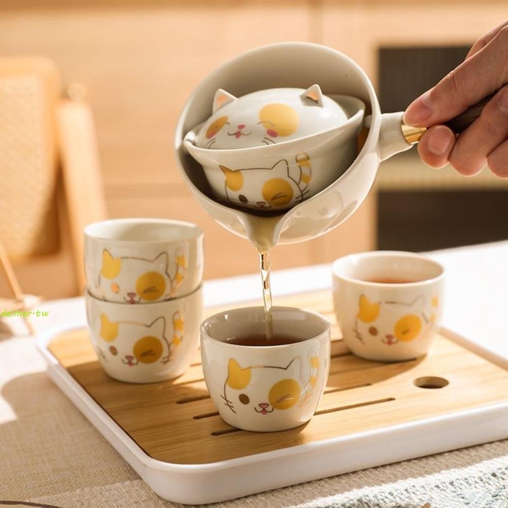 DELMER5/7pcs招財貓茶壺套裝,360°旋轉陶瓷功夫茶具套裝,日式風格帶袋子和茶盤氣泡茶具