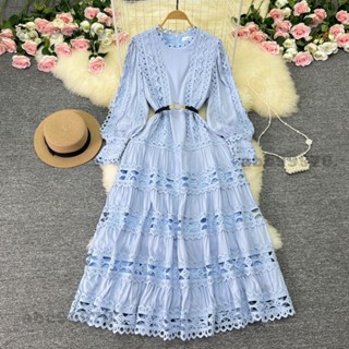 abc99978宮廷風洋裝夏裝女重工鏤空蕾絲拚接緊身長款法式泡泡袖高級禮服