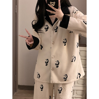 睡衣女 秋冬季 珊瑚絨白色熊貓法蘭絨 加絨加厚 可外穿 家居服套裝 大尺碼 情侶睡衣 睡衣 睡褲 家居服 保暖 sam