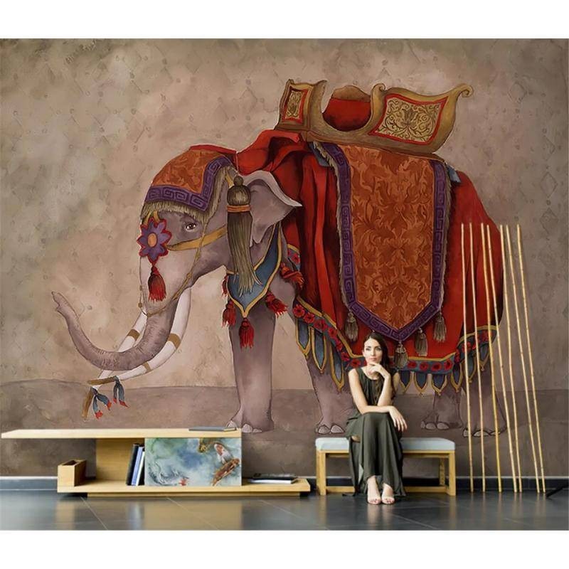 定制壁紙貼紙泰國手繪抽象藝術復古大象3d壁紙客廳電視背景牆紙定制壁畫