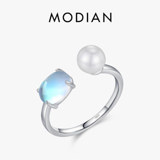 Modian 925 純銀高級珠寶日常配飾迷人優雅月光石水晶珍珠女士可調節戒指