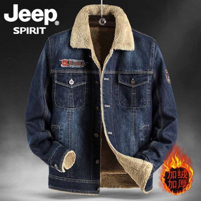 JEEP SPIRIT牛仔外套男秋冬季刷毛加厚工裝上衣服潮流飛行員夾克