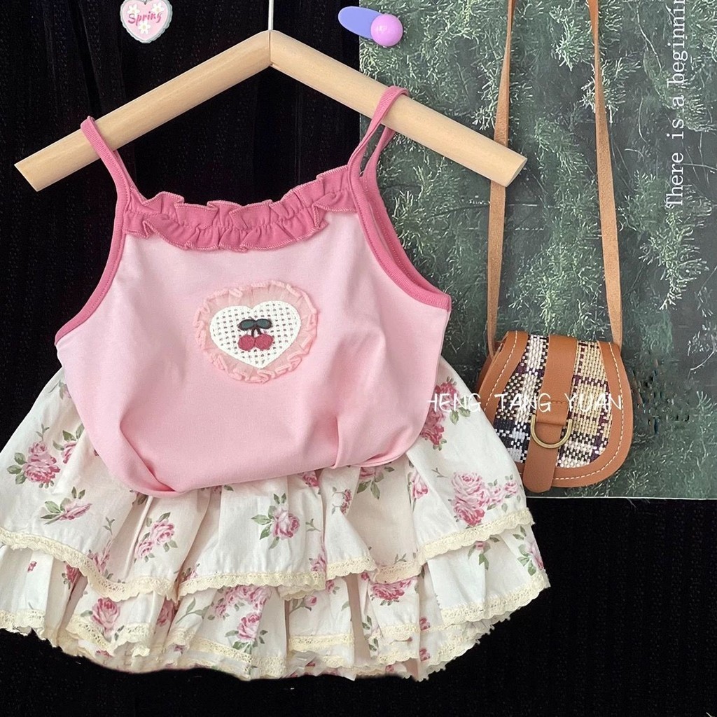 ✨HIKIDS✨2024新款女童夏裝套裝 可愛女寶寶洋氣花邊薄款吊帶 粉色碎花蛋糕裙