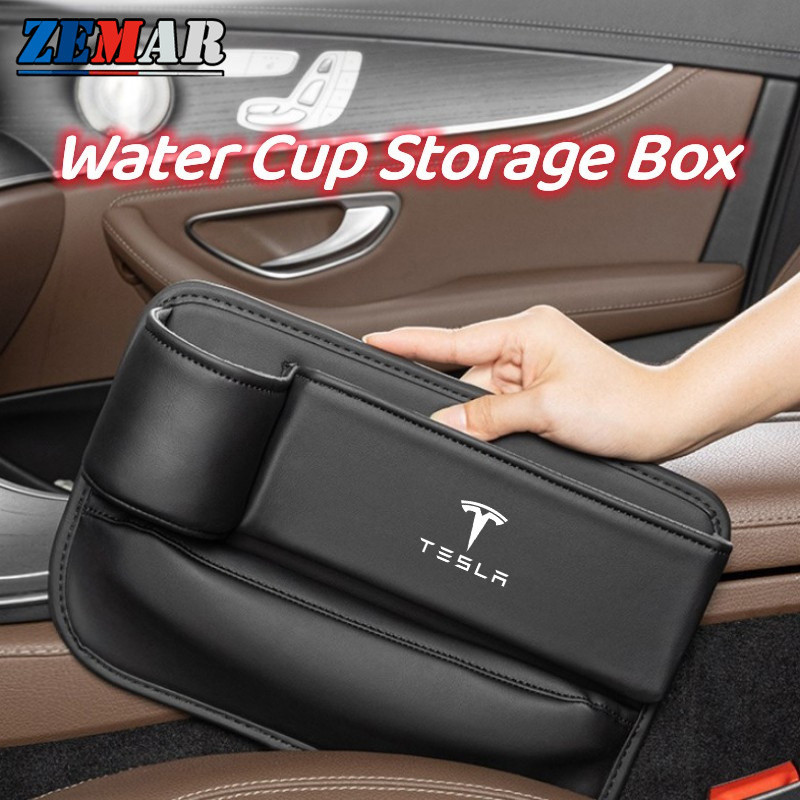 Tesla Model 3 Y S X 2023 2024 汽車座椅側間隙填充物儲物盒 PU 皮革汽車中控儲物袋帶瓶架