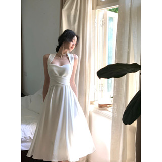 晴天.Studio 🔥2色 法式吊帶禮服夏季白色長款收腰輕奢高階高階感露背生日訂婚連衣裙交叉綁帶連衣裙