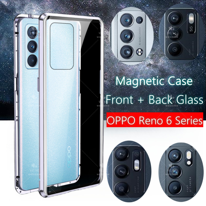 Oppo Reno 6 Pro Plus Reno6Pro 5G 4G 磁性保護殼金屬磁性吸附殼雙面鋼化玻璃蓋保險槓翻蓋