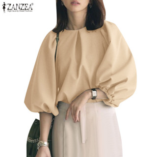 Zanzea 女式韓版日常休閒百褶寬鬆圓領燈籠袖襯衫