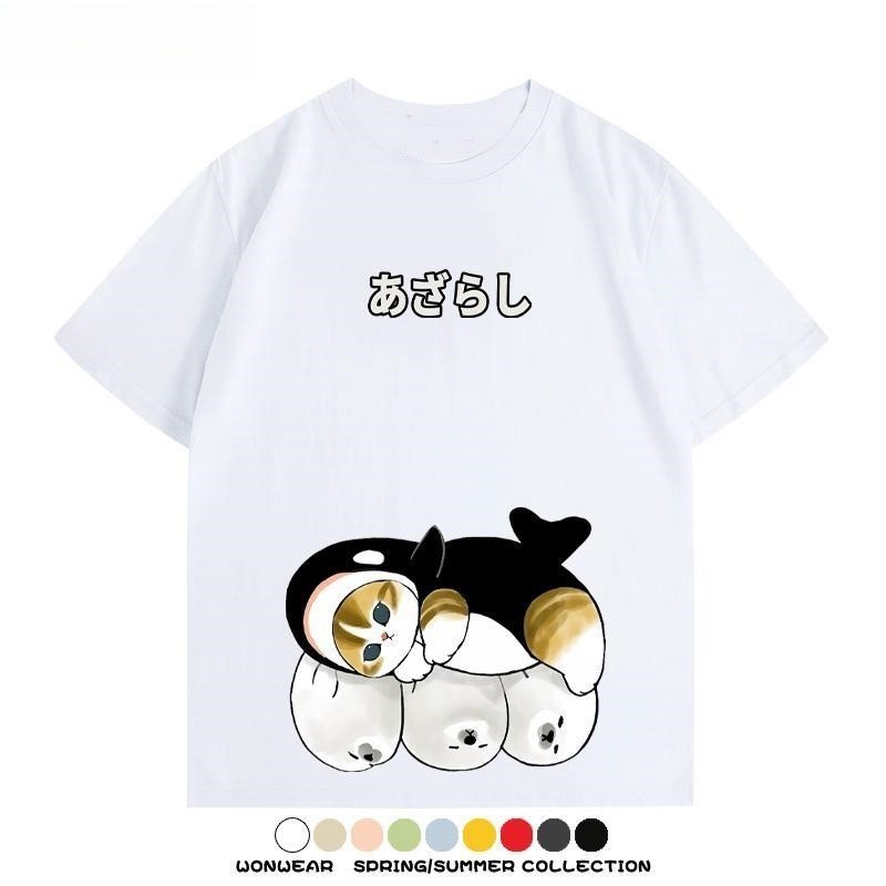 日系貓貓聯名鯊魚烏龜小海豹卡通情侶裝短袖上衣服純棉夏季T恤