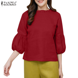 Zanzea 女式韓版圓領鬆緊袖口燈籠袖襯衫