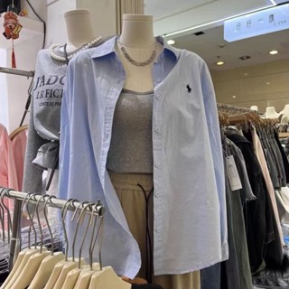 100%純棉 小馬刺繡襯衫 韓版襯衫 白色 淺藍色 長袖襯衫 防曬襯衫 薄外套 溫柔風Polo領襯衫 素色襯衫 小眾襯衫