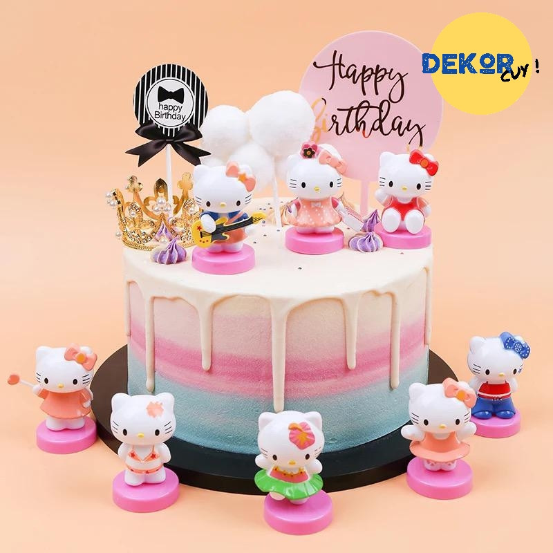 Genesi Moslem 公仔 HELLO KITTY 8 件套生日蛋糕裝飾可動人偶兒童玩具展示家居裝飾蛋糕用品禮籃