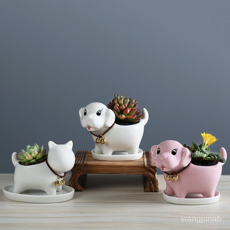 【現貨】歐式簡約卡通小狗多肉花盆陶瓷創意園藝桌面植物容器家庭裝飾擺件 UJSM