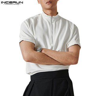 Incerun 男士韓版時尚拉鍊設計高領短袖 T 恤