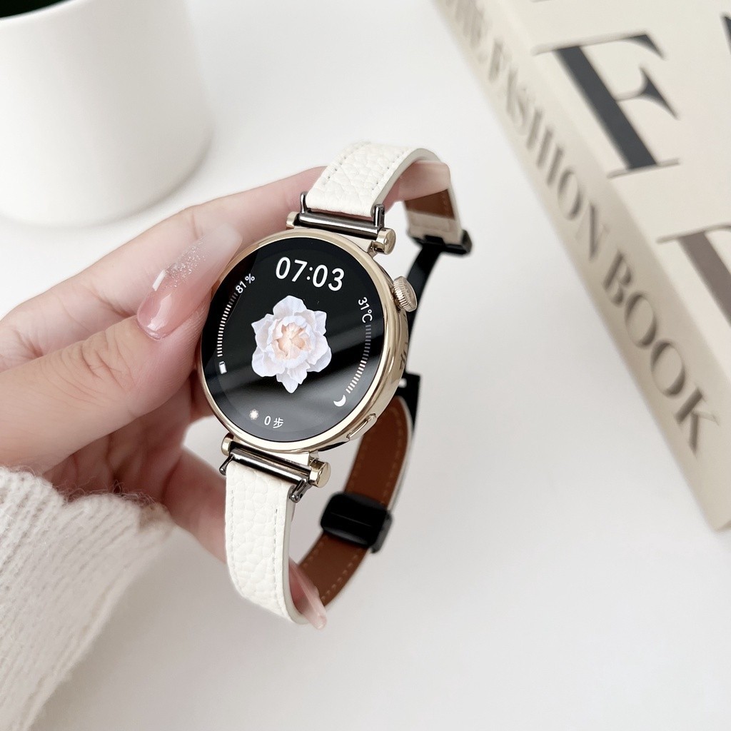 適用於18mm錶帶 荔枝紋真皮磁吸扣表帶 適用於Huawei GT4/Watch 1/B5