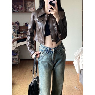 [現貨特惠]皮衣女 皮外套 短款皮衣 皮外套女 韓版複古咖色PU皮衣外套女秋季新款美拉德穿搭短款機車服夾剋上衣