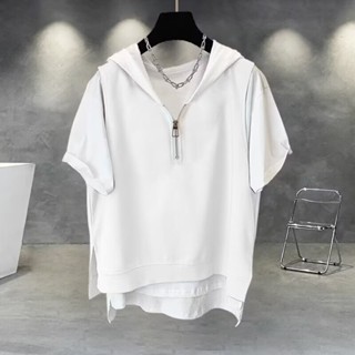【HOT 本舖】男裝 M-3XL 兩件拉鏈 短袖t恤男 夏季新款 韓版 潮流 百搭 帥氣 連帽半袖 上衣 潮牌