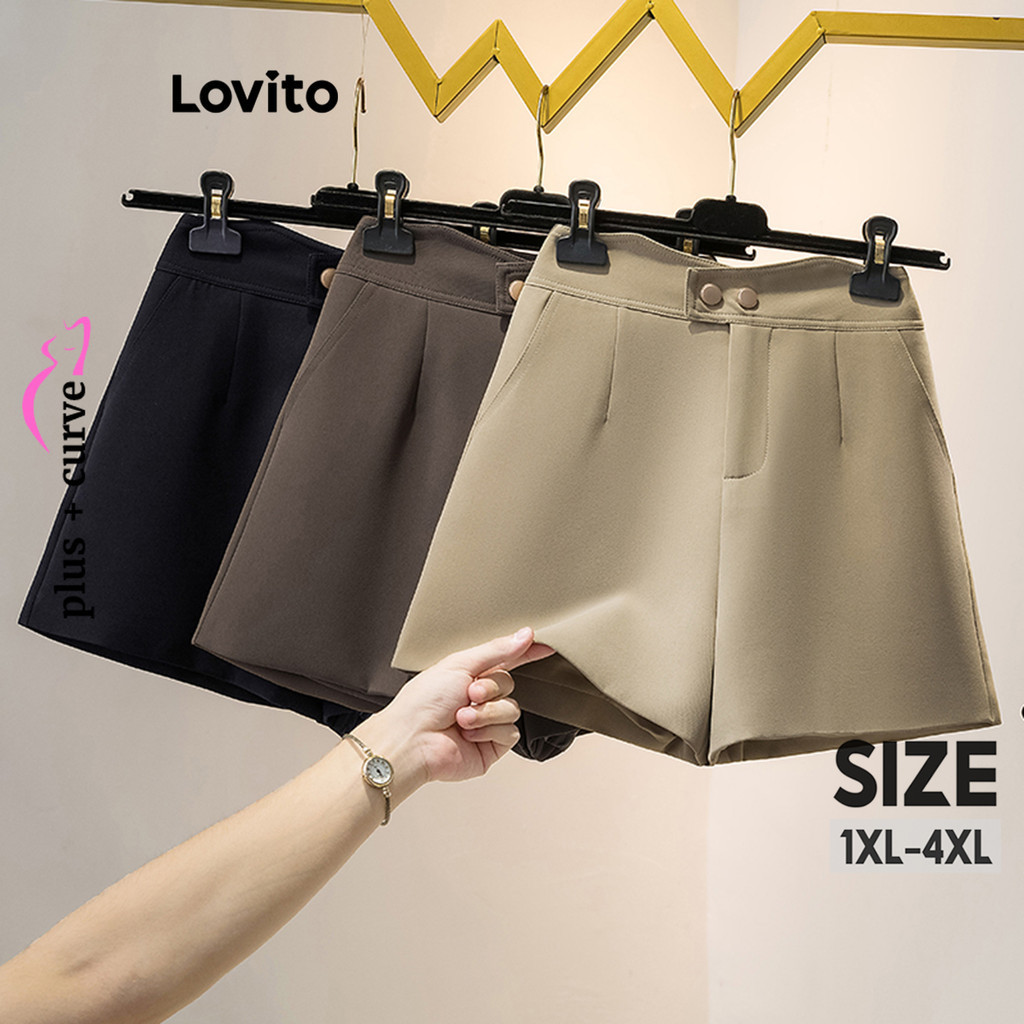 Lovito 大尺碼女式休閒素色口袋短褲 LNE40568
