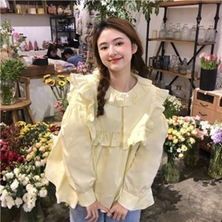 Chic甜美洋氣荷葉邊上衣女2024年秋季新款韓版寬鬆素色襯衫外套潮