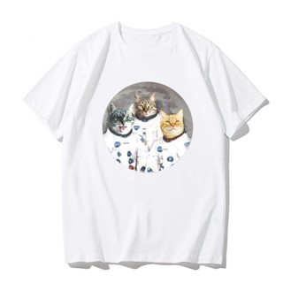 （100%純棉）三隻太空貓太空人印花圓領短袖T恤男女情侶寬鬆打底衫純棉