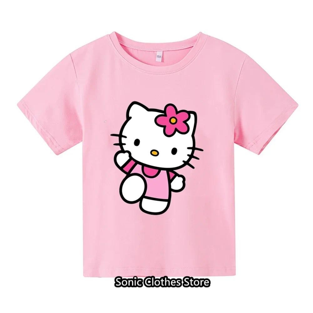 兒童 Hello Kitty T 恤卡哇伊女孩衣服嬰兒 T 恤動漫卡通休閒兒童男孩短袖男士女士 T 恤上衣