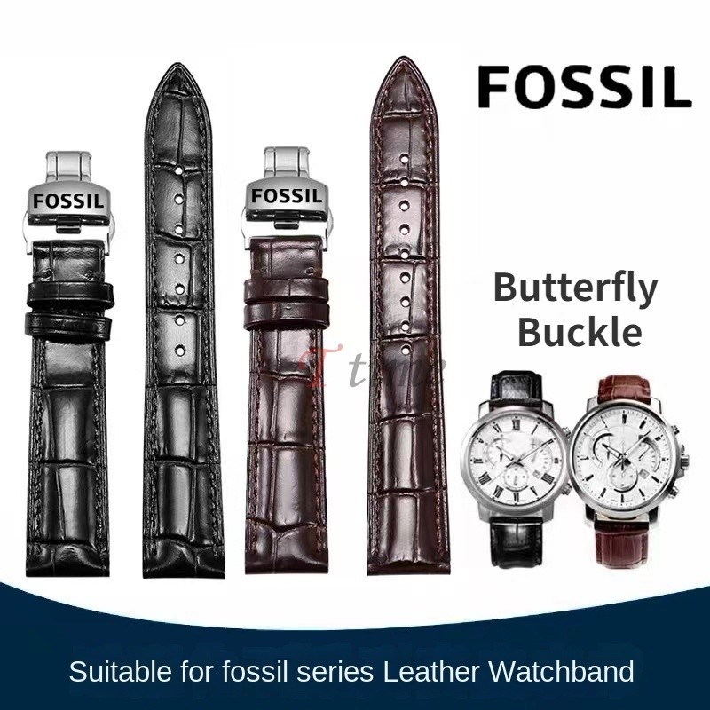 牛皮皮革錶帶適用於 Fossil 手錶蝴蝶扣帶徽標 12 毫米 14 毫米 16 毫米 18 毫米 20 毫米 22 毫