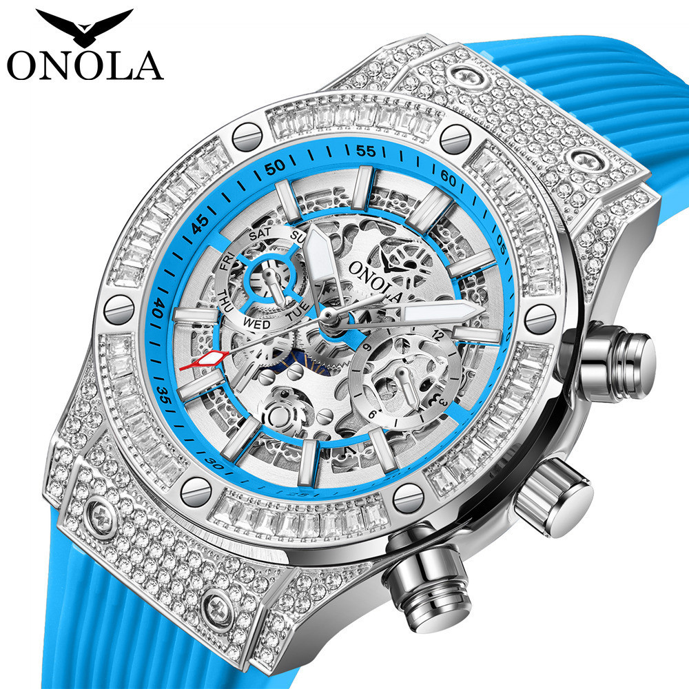 ONOLA時尚男士手錶 鑲鑽新款全自動機械防水膠帶男士手錶 ON6839