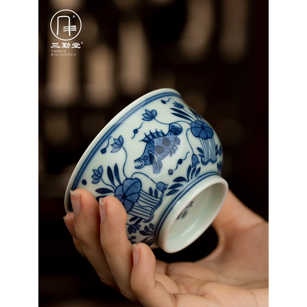 主人杯個人專用手繪青花魚藻紋爐式杯景德鎮茶杯高級單杯